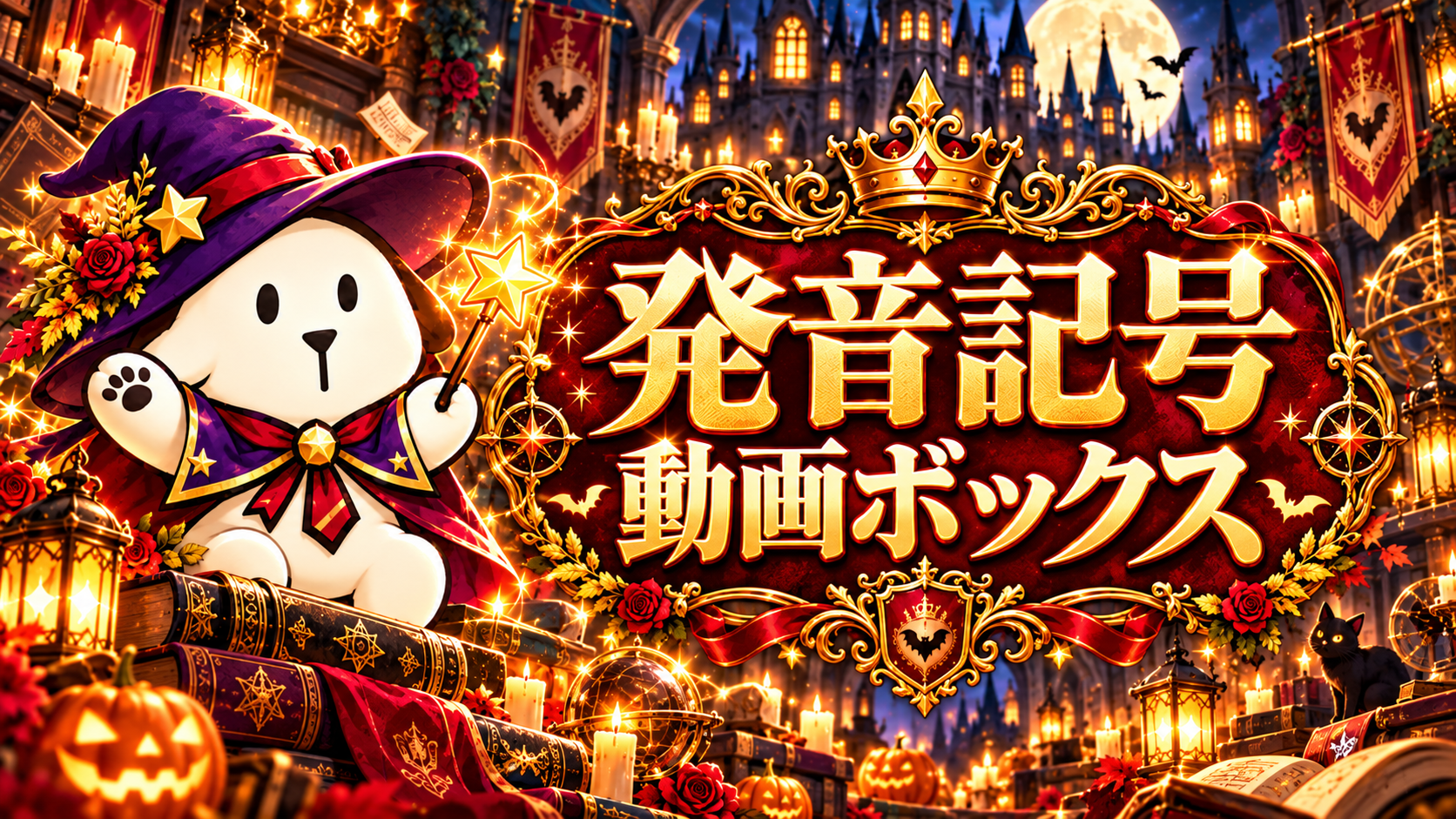 魔女の帽子をかぶった白いキャラクターと、金色の発音記号動画ボックスの看板。ハロウィンの魔法のお城。